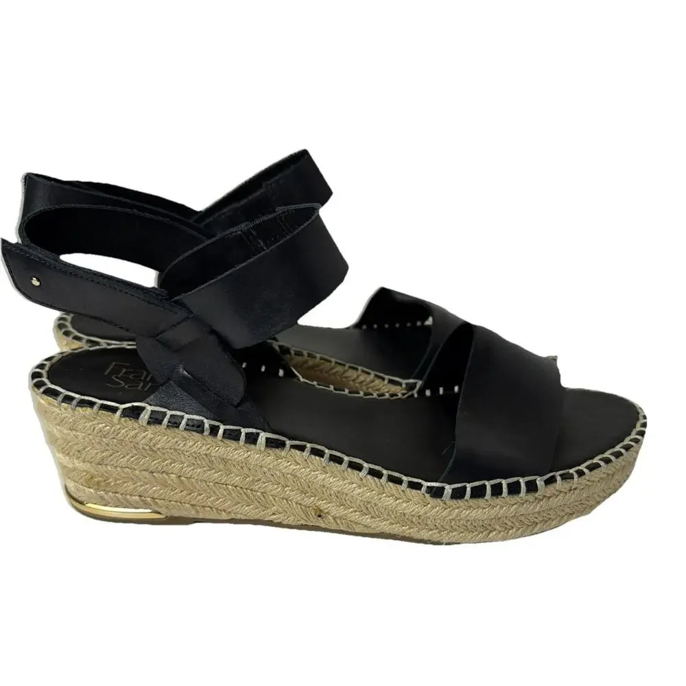 Franco Sarto Patra Black Leather Wedge Espadrille Sandal Sz. 9.5M